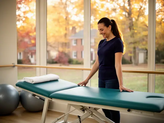 A woman with a long dark-brown ponytail beside new equipment in a small physical-therapy clinic.