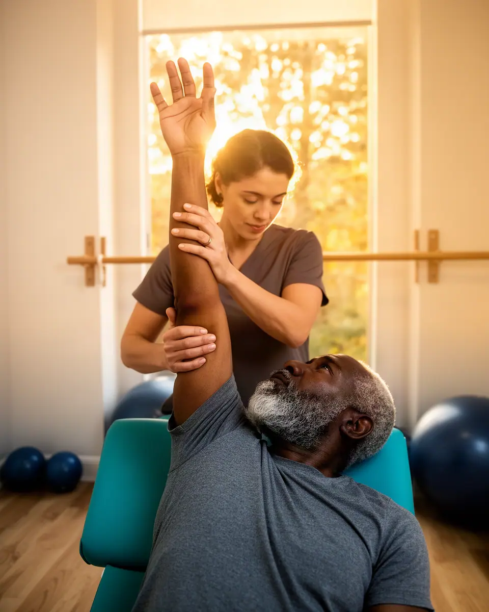 A physical therapist guiding a client's shoulder and arm through a slow stretch on a padded treatment table.