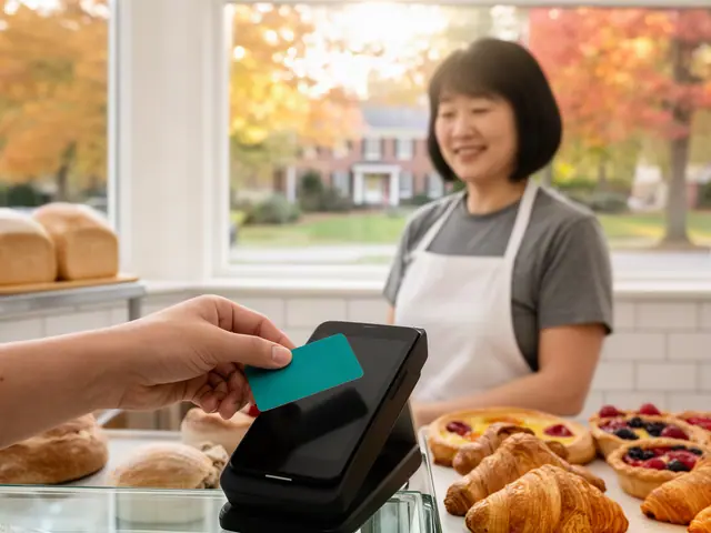 A customer taps a card on a counter terminal at a small neighborhood bakery.