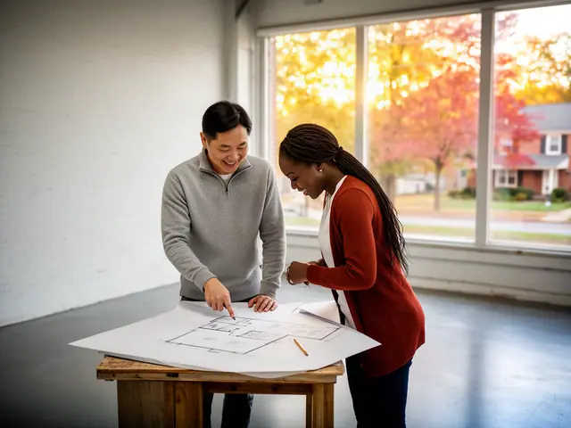 Two business partners looking over a pencil floor sketch in an empty storefront.