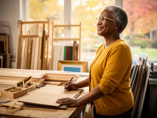 A woman with short gray natural hair and gold-framed glasses at a work table with a closed folder in a small framing and art-supply studio.